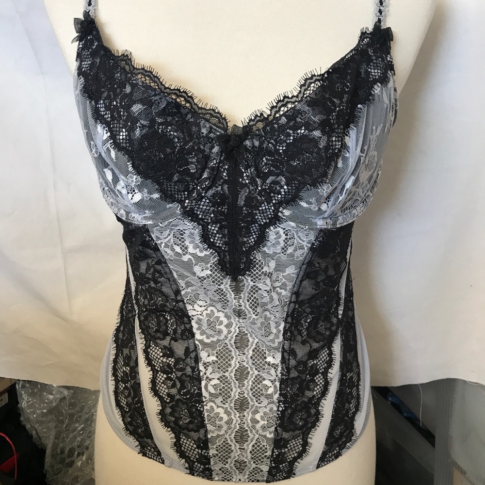 Blue and black lace corset top